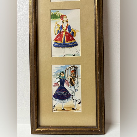 Vintage Greek dance inspired silk embroidered wood framed postcards by Isabel - Picture 7 of 12